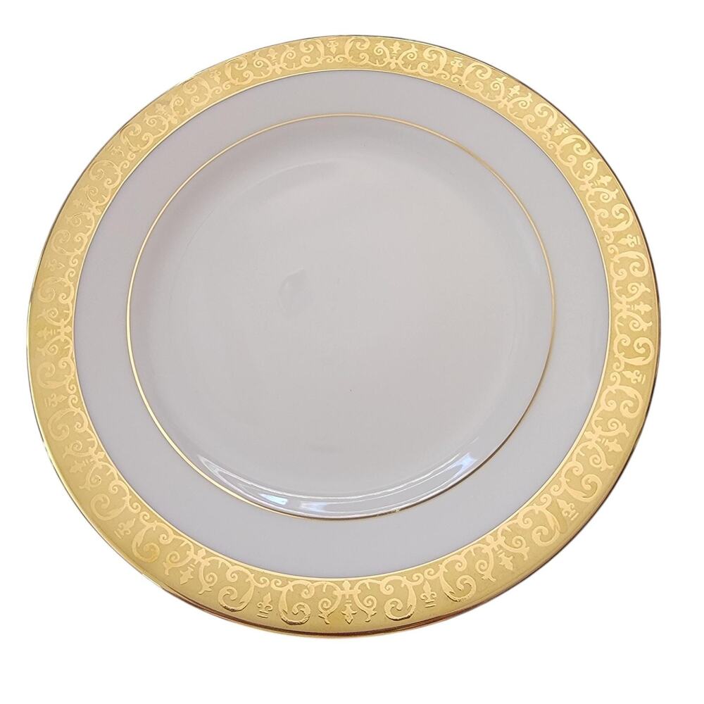 Royal Gallery Gold Salad Plate White Porcelain Gold Scroll Rim 1991 Sri Lanka